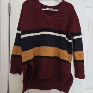 Burgundy Striped V-Neck Sweater